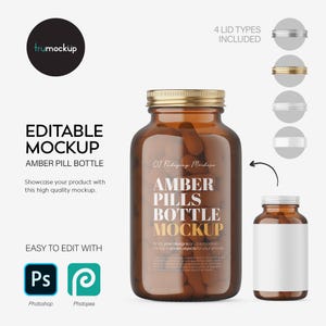 Mockup PSD de frasco de comprimidos de vidro âmbar – Modelo de embalagem de suplemento – Exibição de marca editável