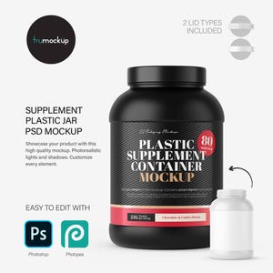 Puede incluir: Maqueta de contenedor de suplemento de plástico negro con una etiqueta blanca. La etiqueta tiene el texto "Maqueta de contenedor de suplemento de plástico" y "Sabor a chocolate y galletas".