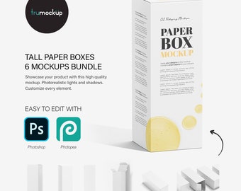 May include: A tall white rectangular paper box mockup featuring black and yellow text that reads PAPER BOX MOCKUP. The design includes small yellow circular graphics. Below the main box, six smaller white box variations are displayed in a row.
