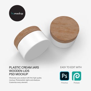 Digitale Plastikdosen mit Holzdeckeln - Kosmetik Produkt Mockup - PSD/PNG/JPG