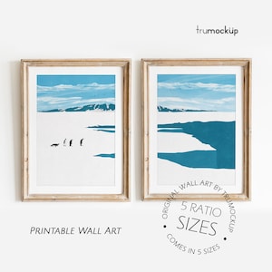 Penguins On Antarctica Glacier - Two Landscape Posters | Digital Illustration | Ready to Print Wall Art