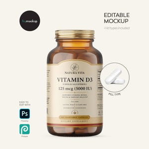 May include: An amber glass bottle of Natura Vita Vitamin D3 125 mcg 5000 IU dietary supplement with a gold lid. The label features text including 100 vegetable capsules, non-GMO, and gluten-free. A circular inset shows two white oblong pills.