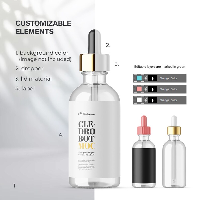 Digital Clear Glass Dropper Bottle - Editable Lid - Cosmetic Mockup ...