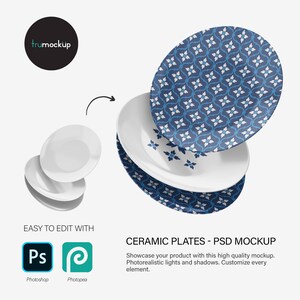 May include: A ceramic plate mockup featuring a stack of three plates. The top plate displays a blue and white floral tile pattern. The middle plate is plain white with a small blue floral accent. The bottom plate shows the same blue floral pattern.