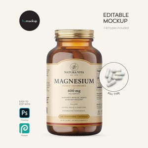 Pode incluir: Um frasco de suplemento de vidro âmbar com um rótulo cor de creme que diz Natura Vita Magnesium 400 mg. O rótulo inclui texto sobre cápsulas vegetais e suplementos dietéticos. Um círculo mostra cápsulas brancas e cinzentas.