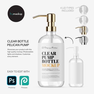 Könnte beinhalten: Klare Glasflasche mit einem goldenen Pumpspender. Die Flasche ist mit "Clear Pump Bottle Mockup" beschriftet. Die Flasche steht auf einem weißen Hintergrund. Es sind vier verschiedene Deckeltypen enthalten.