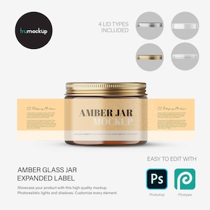 May include: An amber glass jar with a metallic gold screw-top lid and an expanded rectangular label featuring the text AMBER JAR MOCKUP. The graphic includes four circular insets showing silver, white, gold, and clear lid options, plus Photoshop and Photopea icons.
