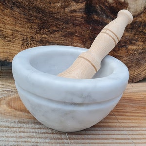 Mörser aus Carrara-Marmor, Durchmesser 20 cm (Zoll 7,87) mit Holzstößel, 100 % Made in Italy, italienische Handwerkskunst, Mörser für Pesto.