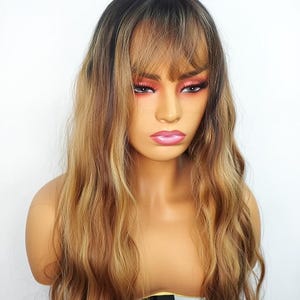 Brown Highlighted Wig with Bangs – Long Wavy Glueless Synthetic Wigs