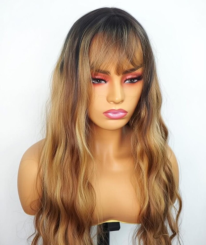 Brown Highlighted Wig with Bangs – Long Wavy Glueless Synthetic Wigs
