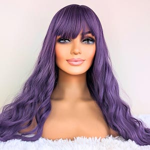 Fairycore Deep Purple Wig with Bangs Long Wavy Wig for Women Heat Resistant Synthetic Hair Glueless Fantasy Cosplay Wig UK