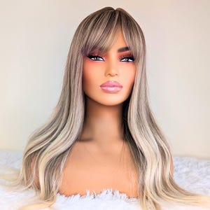 Ash Blonde Wavy Wig with Bangs: 24&quot; Heat-Resistant Synthetic Hair