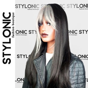 Silver Black Wig With Fringe Wispy Bangs, Straight Texture ...