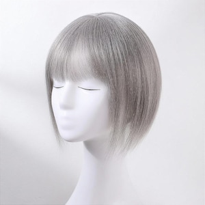 Grey Human Hair Topper with Bangs: 10 Inch Lightweight Wiglet for Thinning Hair