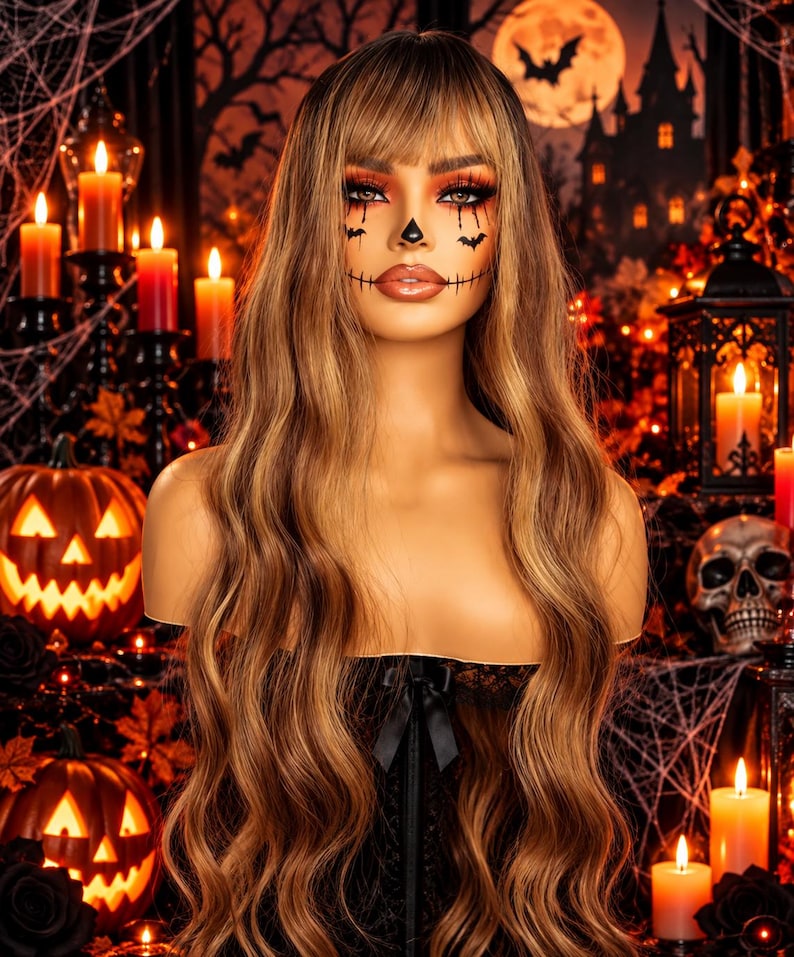 May include: A long, wavy, light brown wig with bangs, displayed on a mannequin head. The mannequin features detailed Halloween-themed face paint, including a black nose, bat shapes under the eyes, and stitched lines extending from the corners of the mouth.