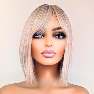 Short Blonde Wig with Bangs - Gifts, Blunt Bob, Alopecia, Cosplay, Synthetic, Dirty Ash Everyday Wigs