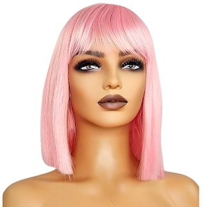 Neon Pink Rave Wig with Bangs Long Straight Wig for Women Heat Resistant Synthetic Hair Glueless Bright Festival Wig UK Baddie