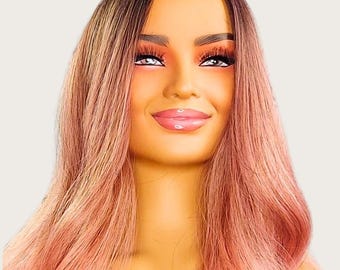 Pink Ombre Wig with Dark Roots Long Wavy Wig for Women Heat Resistant Synthetic Hair Glueless Natural Look Cosplay Wig UK Daily