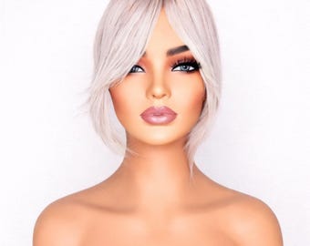 Remy Human Hair Topper with Bangs: Grey Silver Blend, Natural Wiglet