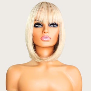 Ash Blonde Bob Wig with Bangs – Short Straight Synthetic Wig for Women, Glueless Heat-Resistant Wig for Cosplay, Chemo or Hair Loss Gift
