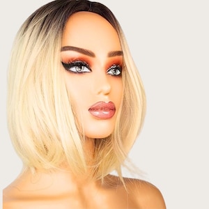 Rooted Blonde Bob Wig with Bangs Straight Short Wig for Women Heat Resistant Synthetic Hair Glueless Natural Look Daily Wig UK