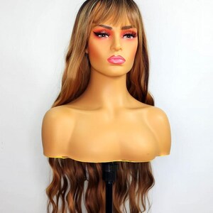 Brown Highlighted Wig with Bangs – Long Wavy Glueless Synthetic Wigs