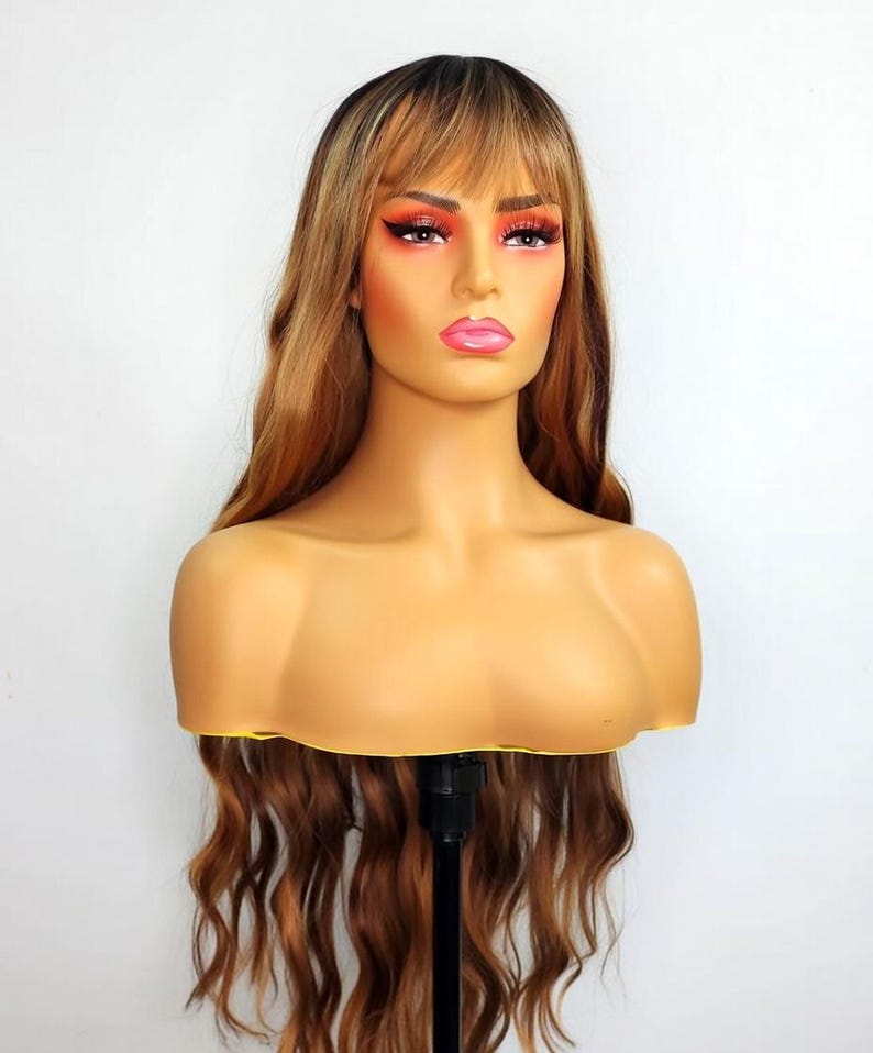 Brown Highlighted Wig with Bangs – Long Wavy Glueless Synthetic Wigs