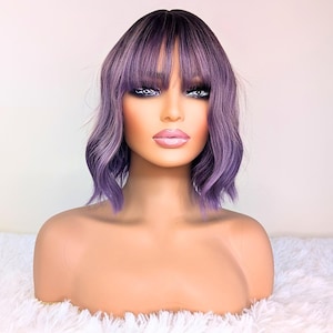 Purple Bob Wig with Bangs – Short Wavy Lavender Synthetic Wig, Heat-Resistant Glueless Cosplay Wig for Women, Natural Look