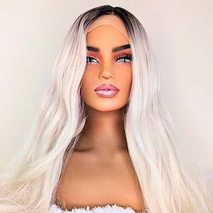 Platinum Blonde Lace Front Wig – Long Wavy Synthetic Wig with Dark Roots, Heat Resistant Ombre Wig for Cosplay or Daily Wear