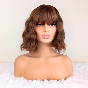 Soft Brown Bob Wig with Bangs Short Wavy Wig for Women Heat Resistant Synthetic Hair Glueless Natural Look Fringe Wig UK Daily