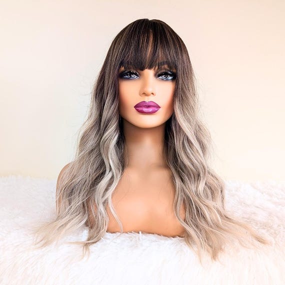 ?️ Ombre Ash Blonde Wig with Bangs 24”Mixed Color 24-inch Ash Blonde Ombre Wavy Wig With Bangs | Ash Brown  main image 2