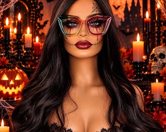 May include: Cat-eye glasses featuring a vibrant rainbow gradient frame. The translucent frames transition from green and yellow on the left to orange and red on the right. These glasses have a bold, angular shape with thick rims and clear lenses.