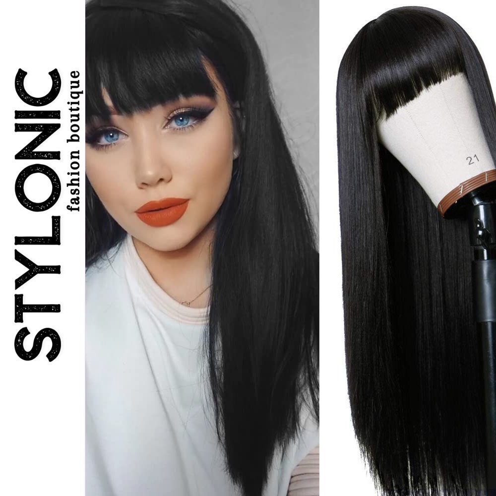 Long black hair 2024 with bangs wig