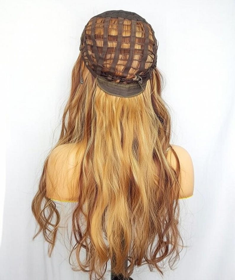 Brown Highlighted Wig with Bangs – Long Wavy Glueless Synthetic Wigs