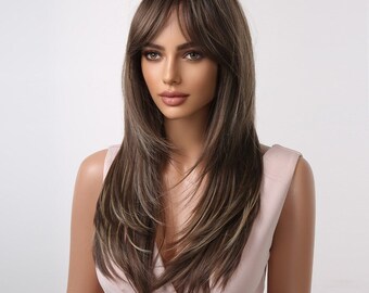 Brunette Wig With Fringe - Etsy UK Brunette Wig With Fringe - Etsy UK