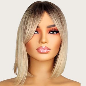 Peruca loira bob francesa com franja curta e reta para mulheres, cabelo sintético resistente ao calor, sem cola, peruca chique com franja, Reino Unido, diariamente