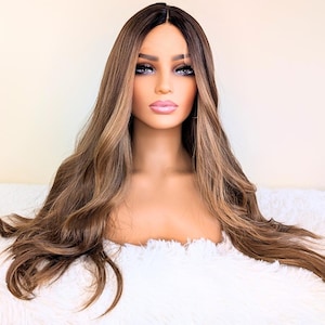 Balayage Brown Lace Front Wig: 26&quot; Long Wavy Heat-Safe Synthetic Hair