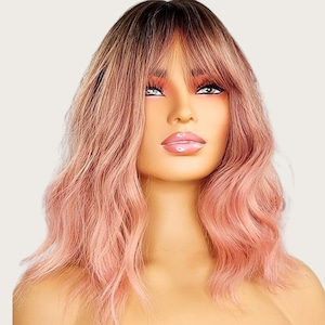 Blush Pink Wavy Wig with Bangs – Synthetic Costume Wig for Women, Heat Safe Hair for Cosplay, Christmas or Party Wear
