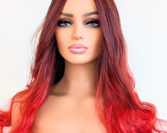 Bright Red Wavy Wig: 26&quot; Glueless Heat-Resistant Synthetic Hair