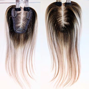 Ombre Blonde Human Hair Topper: 10&quot; Clip-In Crown Coverage