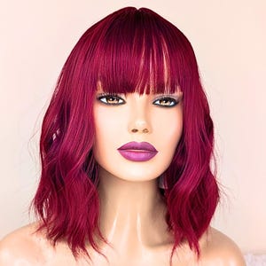 Wine Red Bob Wig with Bangs: 14&quot; Heat-Safe Wavy Synthetic Cosplay Wigs