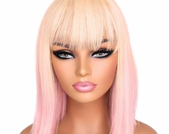 Blonde to Pink Ombre Wig with Bangs, Straight Bob, Pastel Pink Style