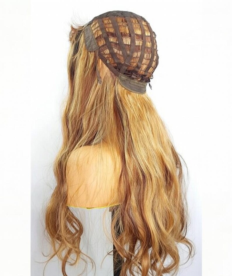 Brown Highlighted Wig with Bangs – Long Wavy Glueless Synthetic Wigs