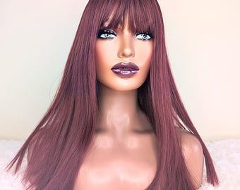 Burgundy Wig with Bangs: 24&quot; Goth Vampy Heat-Safe Synthetic Hair Wigs