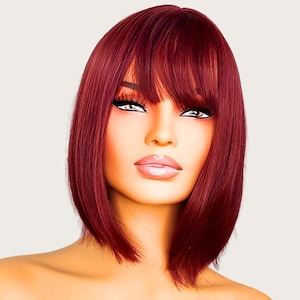 Red Bob Wig with Bangs: 12&quot; Heat-Resistant Synthetic Hair, Cosplay Wigs