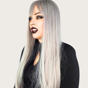 Silver Grey Wig with Bangs: 26&quot; Heat-Resistant Synthetic Cosplay Wig