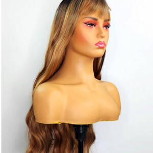 Brown Highlighted Wig with Bangs – Long Wavy Glueless Synthetic Wigs