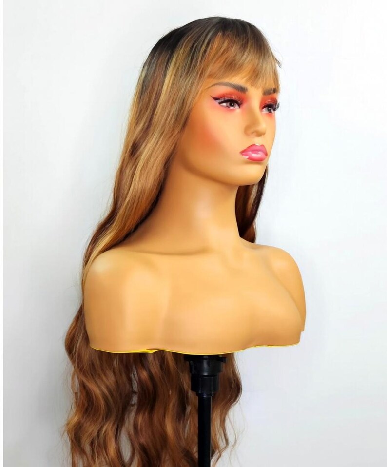 Brown Highlighted Wig with Bangs – Long Wavy Glueless Synthetic Wigs