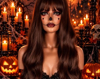 May include: A long, wavy brown wig with fringe worn on a mannequin head. The mannequin features make-up with red blood-like streaks under the eyes, black heart shapes on the cheeks, a black nose tip, and a stitched mouth design in dark red lipstick.