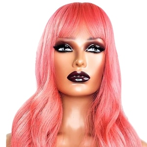 Vintage Pink Wig with Bangs Long Wavy Curly Wig for Women Heat Resistant Synthetic Hair Glueless Soft Retro Glam Wig UK Cosplay